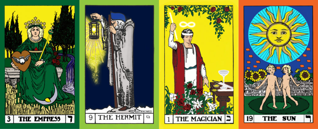 Keys 3, Empress, Key 9, The Hermit, Key 1, The Magician, and Key 19 The Sun