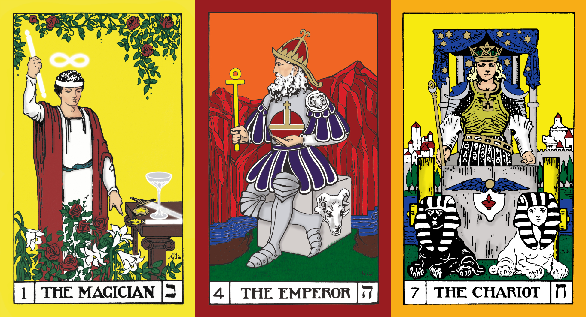 Key 1, The Magician, Key 4 the Emperor, and Key 7 the Chariot